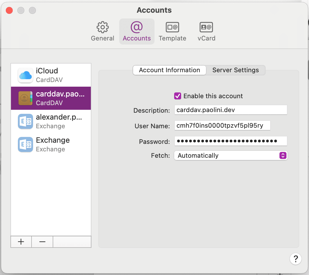 CardDAV setup screenshot